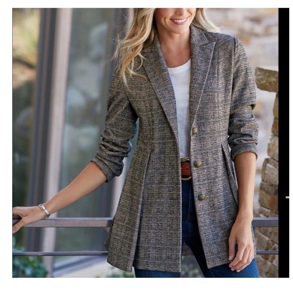 Soft Surroundings Plaid Equestrian Knit Blazer Women Size M Brown Gray